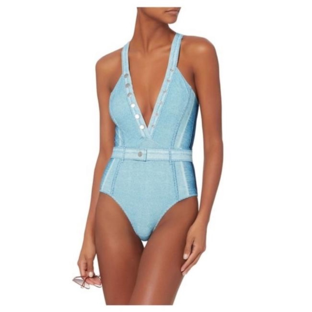 Jonathan Simkhai Vintage Blue Jean One-Piece Button Down Bathing Suit with Belt